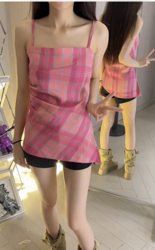 2024 New Summer Waist Sleeveless Top Design Irregular Slit Yellow Plaid Camisole Women's Clothing