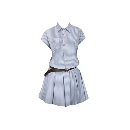 Korean style pure lust style striped shirt dress short skirt summer high-end temperament waist slimming pleated skirt belt