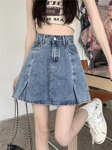 Blue high-waisted denim skirt short skirt culottes for women 2024 summer short skirt a-line skirt short skirt