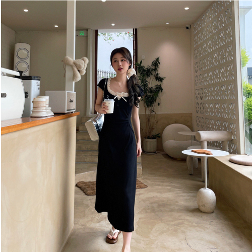 Black fake two-piece dress for women 2024 summer new style French style slim long skirt design slimming skirt