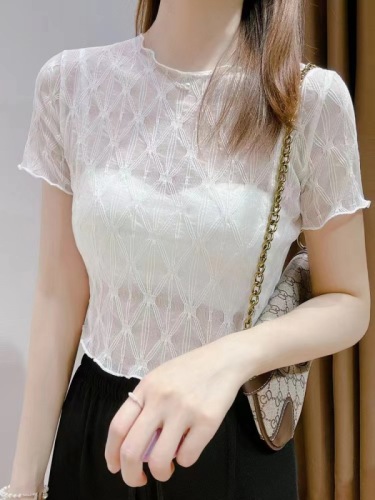 With suspender skirt and top, ice silk sunscreen short-sleeved blouse, summer new white short mesh bottoming shirt for women