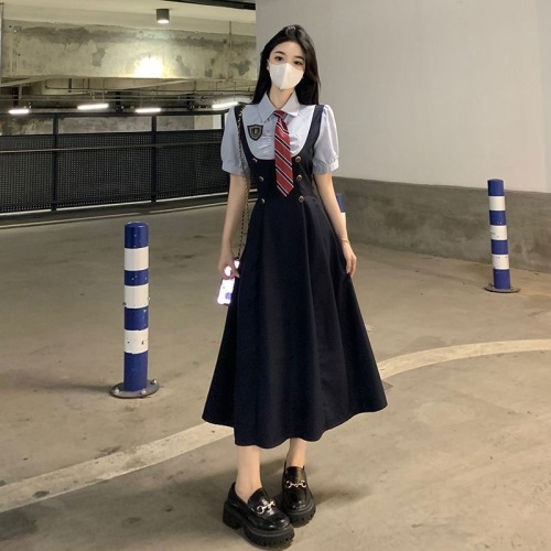 College style jk uniform waist slimming short-sleeved shirt suspender dress two-piece suit women's summer pure lust style skirt