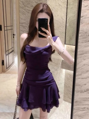 Fishing style date dress purple off-shoulder sling collar suspender dress petite pure lust style high-end waist short skirt summer