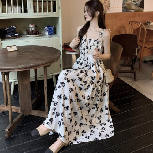 Original French floral suspender skirt women's waist slimming resort style beach dress