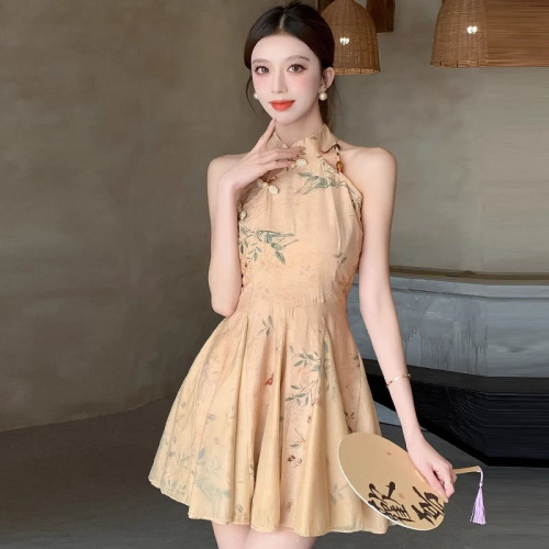 New Chinese style national style dress for small summer women, sleeveless halterneck skirt, short style, slimming, retro temperament