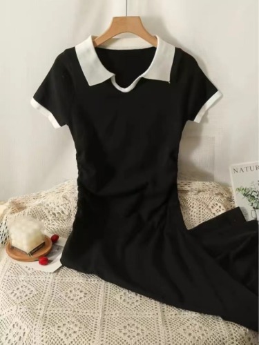 Black Lapel Short Sleeve Dress Women's 2024 New Slim Fit Long Skirt Summer Hot Girl A-Line Skirt