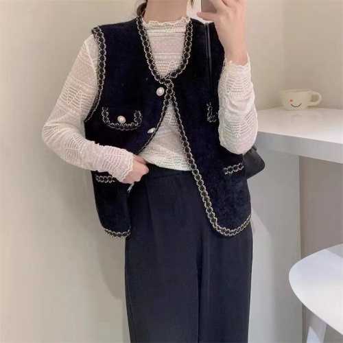 High-definition mink velvet small fragrant vest for women 2024 new autumn Korean style versatile round neck cardigan sleeveless top jacket