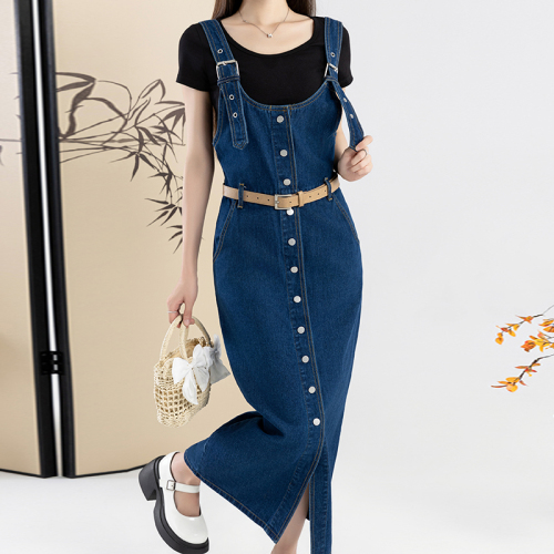 Real shot single-breasted denim suspender dress for women summer retro new style temperament waist slimming mid-length skirt