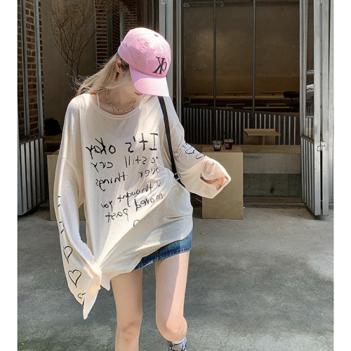 Bamboo Stripe Super Hot Letter Print Long Sleeve Women's Lazy Loose Thin Sun Protection Shirt Air Conditioning Blouse Top