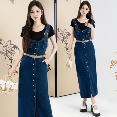 Real shot single-breasted denim suspender dress for women summer retro new style temperament waist slimming mid-length skirt