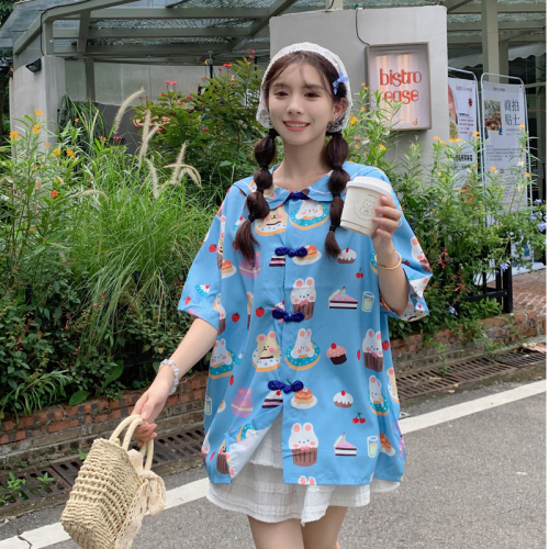 Summer doll collar blue button-down shirt short-sleeved women's 2024 niche design college style loose cartoon top