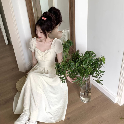 Tea break French style gentle puff sleeve dress women's summer niche design high-end seaside vacation waist long dress