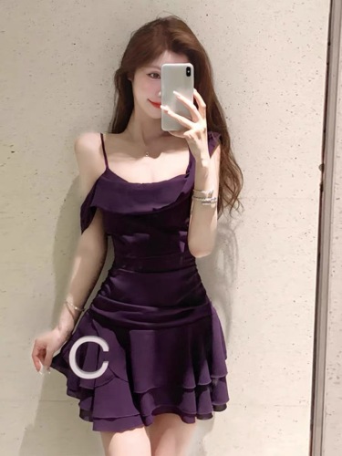 Fishing style date dress purple off-shoulder sling collar suspender dress petite pure lust style high-end waist short skirt summer