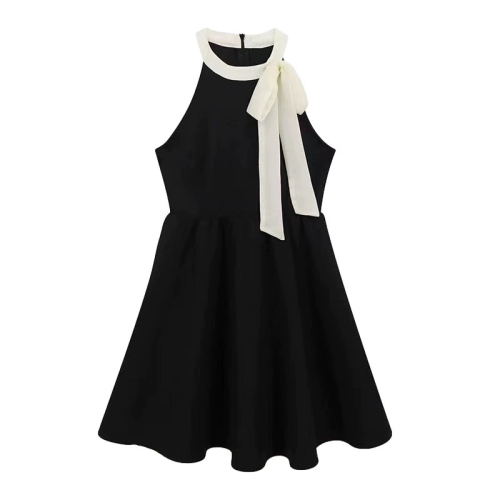 French sweet and spicy style high-waisted slim bow-knot sleeveless halterneck dress for small women black short skirt summer