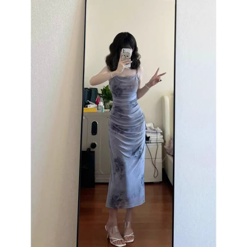 French suspender dress summer new rose tie-dye pleated sexy slim slim slit long skirt for women