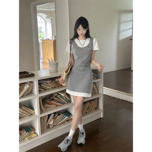 Real shot of French splicing slim new short skirt women's fashion slim waist temperament dress summer