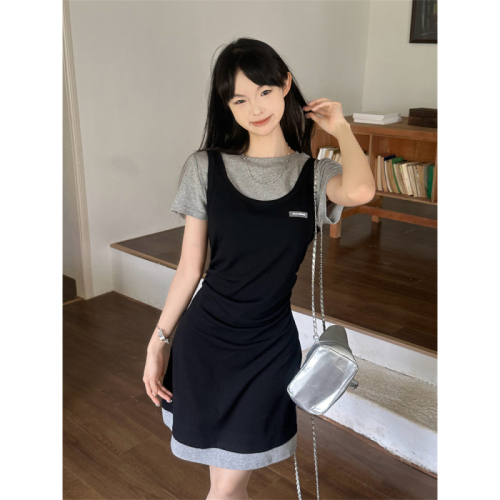 Real shot of French splicing slim new short skirt women's fashion slim waist temperament dress summer