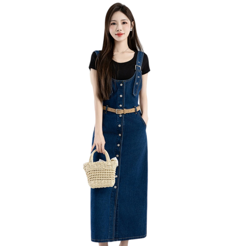 Real shot single-breasted denim suspender dress for women summer retro new style temperament waist slimming mid-length skirt