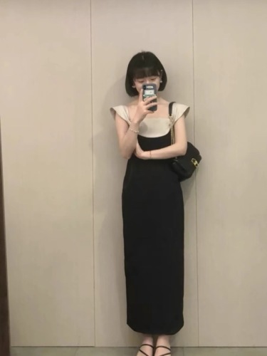 2024 new Hepburn style French high-end black dress women's summer slimming one-shoulder long dress