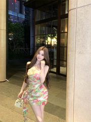 Real shot French one-shoulder printed tube top dress for women summer pleated waist skirt