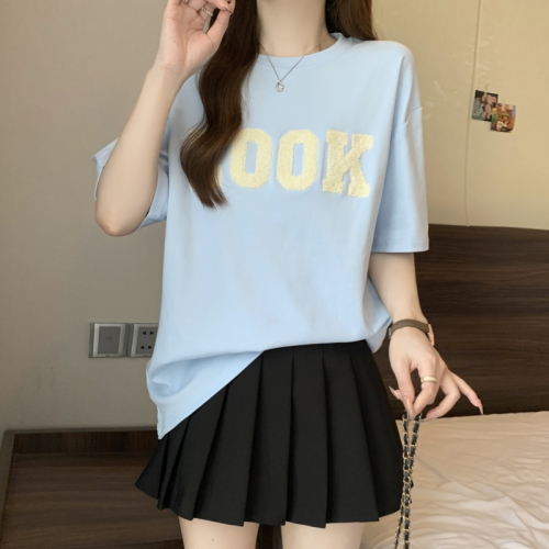 Actual shot of 21-count pure cotton high-density 2024 summer towel embroidered short-sleeved T-shirt for women