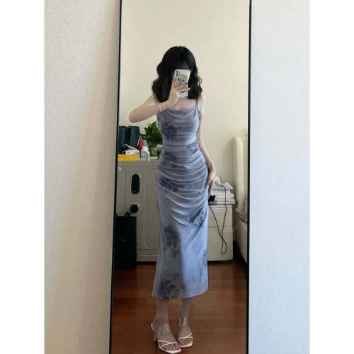 French suspender dress summer new rose tie-dye pleated sexy slim slim slit long skirt for women