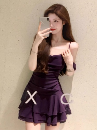 Fishing style date dress purple off-shoulder sling collar suspender dress petite pure lust style high-end waist short skirt summer