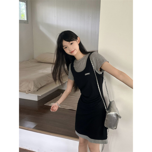 Real shot of French splicing slim new short skirt women's fashion slim waist temperament dress summer