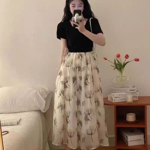 Chiffon fabric + lining large size French tea break two-piece a-line dress summer fat girl waist slimming skirt