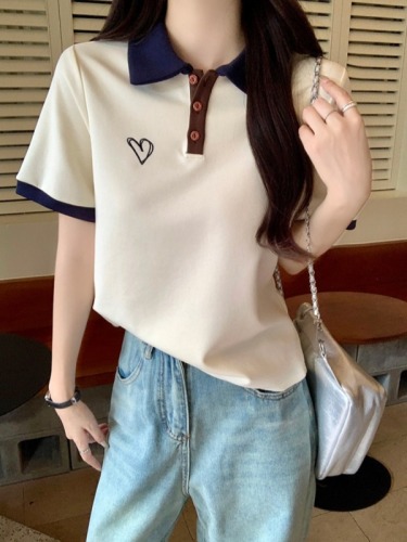 Real shot of Mamba cotton short-sleeved T-shirt summer trend lapel embroidered shoulder slim short top Korean style women's clothing