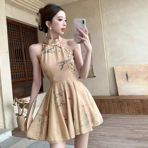 New Chinese style national style dress for small summer women, sleeveless halterneck skirt, short style, slimming, retro temperament