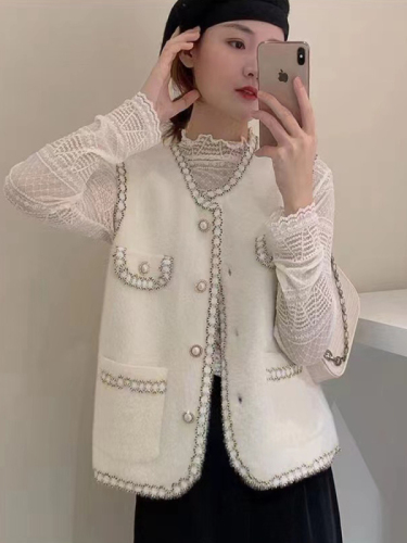 High-definition mink velvet small fragrant vest for women 2024 new autumn Korean style versatile round neck cardigan sleeveless top jacket