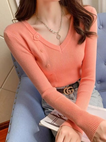 2024 autumn and winter new V-neck core-spun yarn long-sleeved sweater women's slim pullover sweater with bottoming shirt trendy