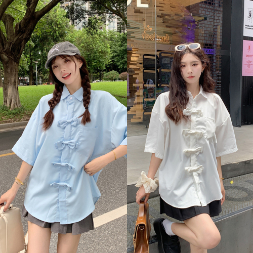 New Chinese style national style bow short-sleeved shirt for women 2024 summer new niche design Polo collar top