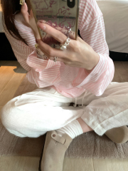 Striped long-sleeved ice silk sunscreen T-shirt for women summer thin loose design top niche suspender top blouse