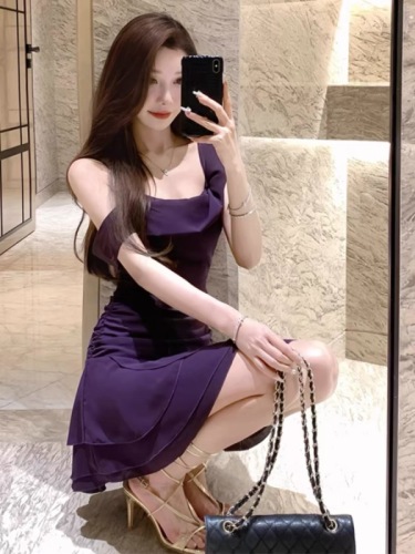 Fishing style date dress purple off-shoulder sling collar suspender dress petite pure lust style high-end waist short skirt summer