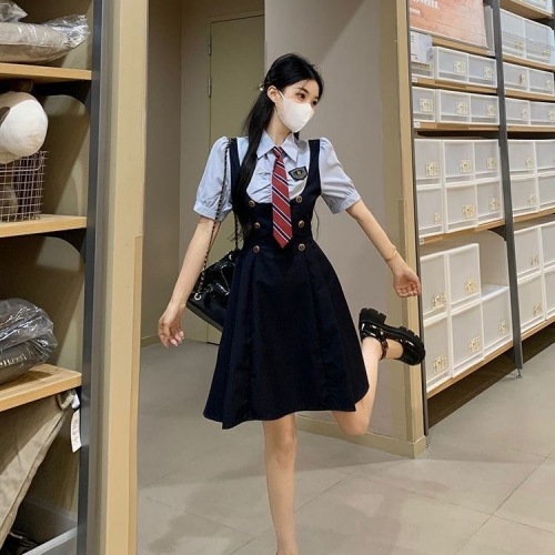 College style jk uniform waist slimming short-sleeved shirt suspender dress two-piece suit women's summer pure lust style skirt