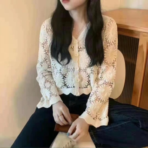 Hollow knitted sweater sun protection cardigan women's thin blouse summer new air-conditioned shirt short top