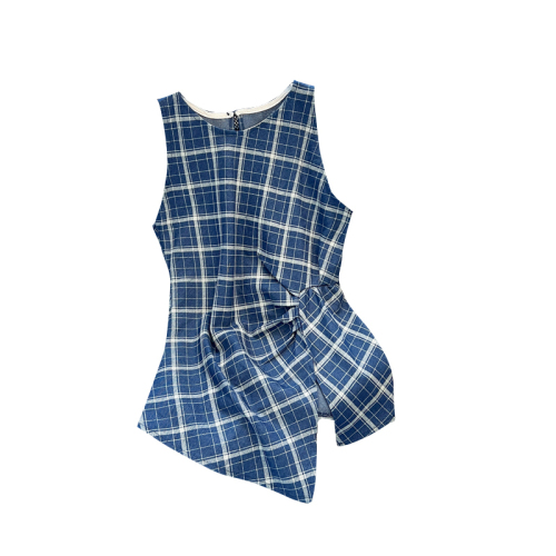 French retro blue plaid vest for women in summer, irregular slit waist design, sleeveless waistcoat top for outer wear