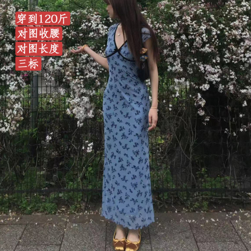 Tea break French blue v-neck floral dress for women summer 2024 new style high-end slim hip-covering long skirt