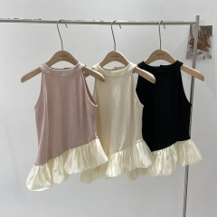 Designed splicing ruffled irregular sleeveless halterneck vest for women