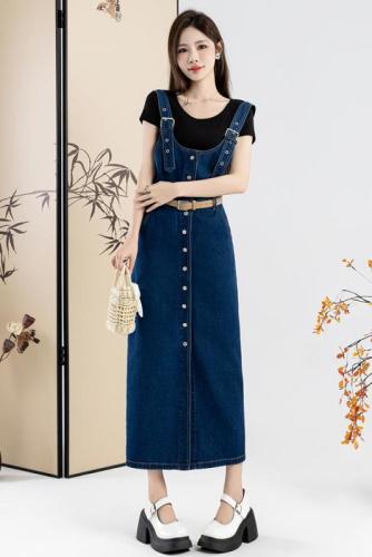 Real shot single-breasted denim suspender dress for women summer retro new style temperament waist slimming mid-length skirt