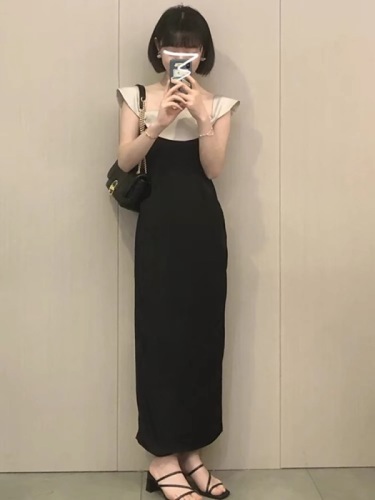 2024 new Hepburn style French high-end black dress women's summer slimming one-shoulder long dress