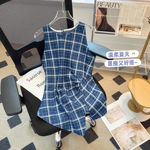 French retro blue plaid vest for women in summer, irregular slit waist design, sleeveless waistcoat top for outer wear