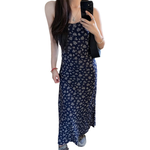 Blue floral backless suspender dress 2024 new style women's tea break high-end holiday style French long skirt