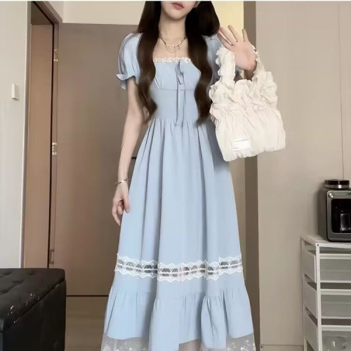 Summer new lace splicing square neck dress for women French design waist slimming holiday style mid-length skirt