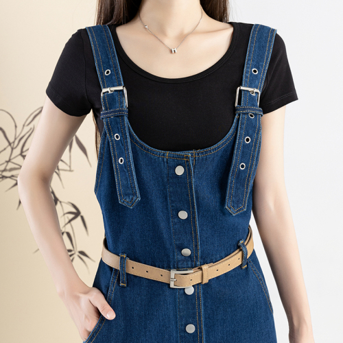 Real shot single-breasted denim suspender dress for women summer retro new style temperament waist slimming mid-length skirt