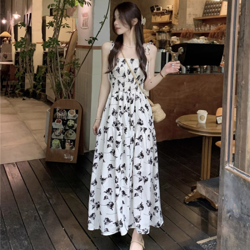 Original French floral suspender skirt women's waist slimming resort style beach dress