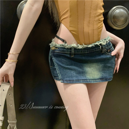 Real shot!  American retro denim skirt hot girl culottes low waist slimming hip denim skirt