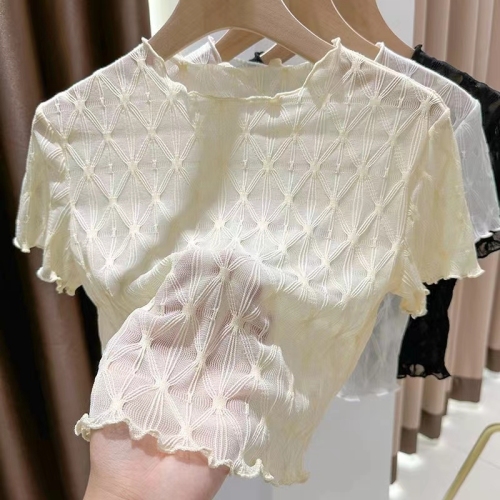 With suspender skirt and top, ice silk sunscreen short-sleeved blouse, summer new white short mesh bottoming shirt for women